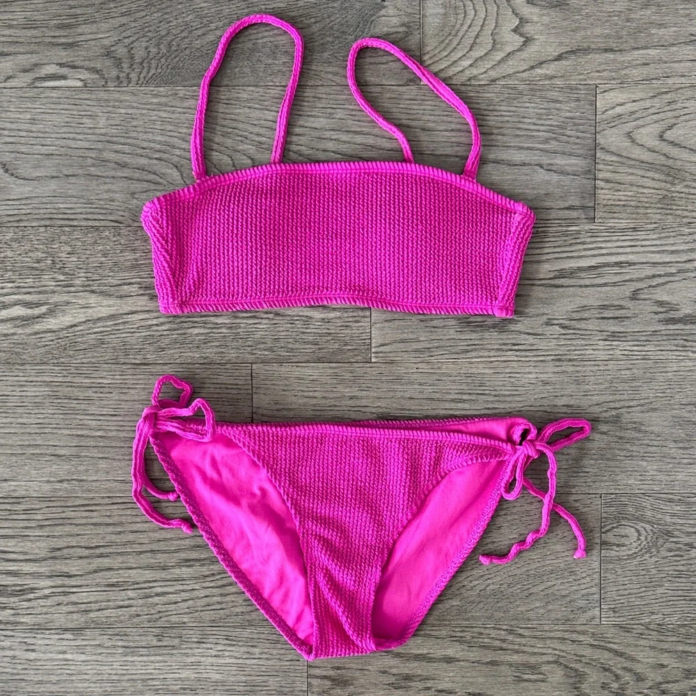 🌼No Boundaries🌼 Crinkle Pink Bandeau and Tie String Bikini Set